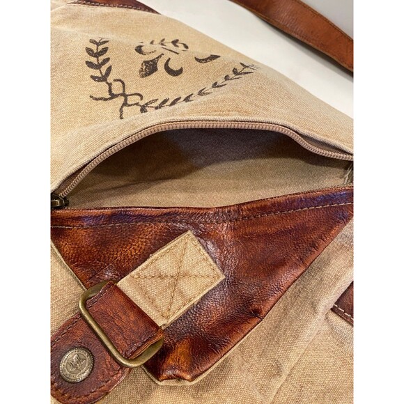 Boho Canvas & Leather Fleur De Lis Messenger Vintage Chic Look Crossbody Bag - Picture 3 of 11